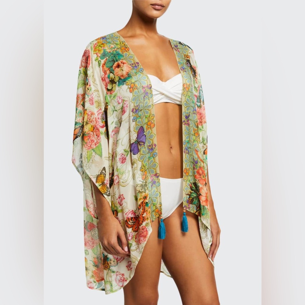 Johnny Was Holly Printed Silk Short Kimono Coverup
